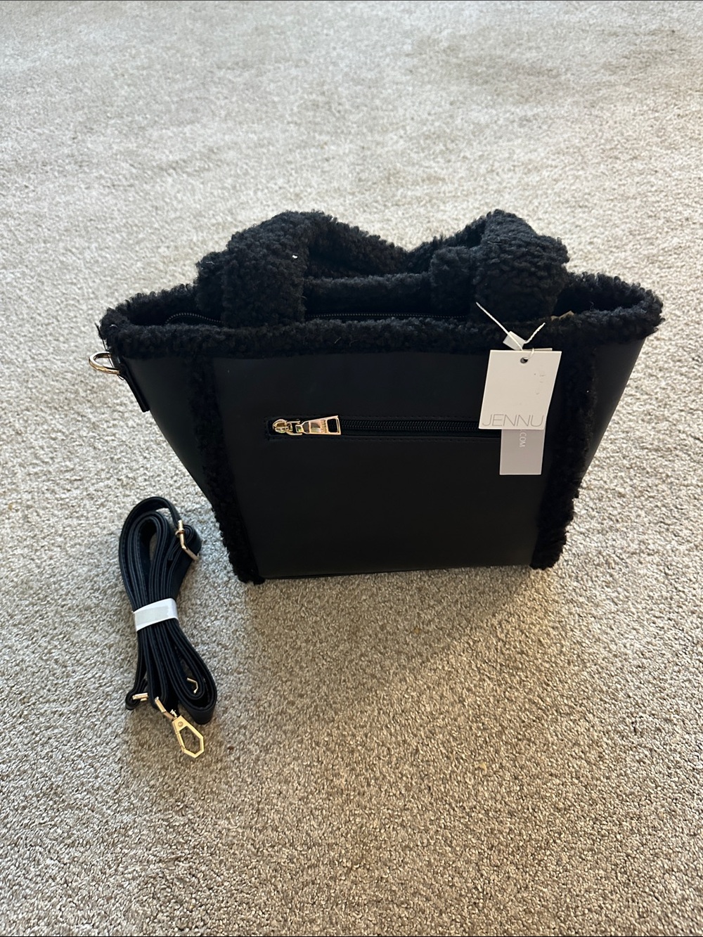 Jennu Black Faux-Sherpa Trim Tote with Detachable Strap